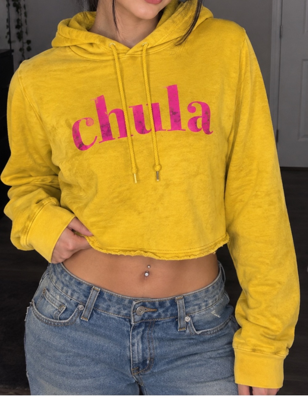 On Fire Yellow Cropped Hoodie with Pink 'chula' Logo